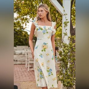 Sugarlips Floral Midi Dress in Cream with Blue and Yellow Accents